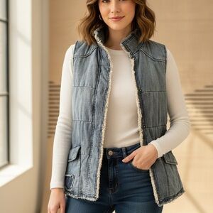 Boho Western BKE Denim Vest Frayed Edge & Utility Pockets XS patch cowgirl